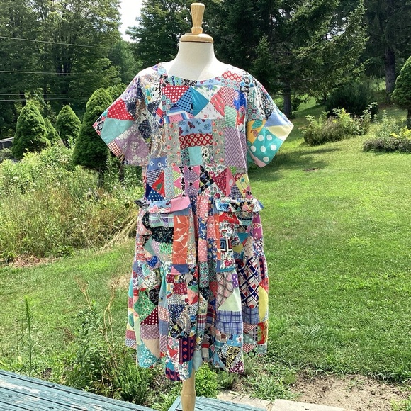 Upcycled vintage crazy patchwork quilt babydoll mid length lined dress Med to XL - Picture 1 of 16